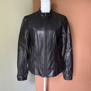 Black Faux Leather Crew Neck Biker Jacket